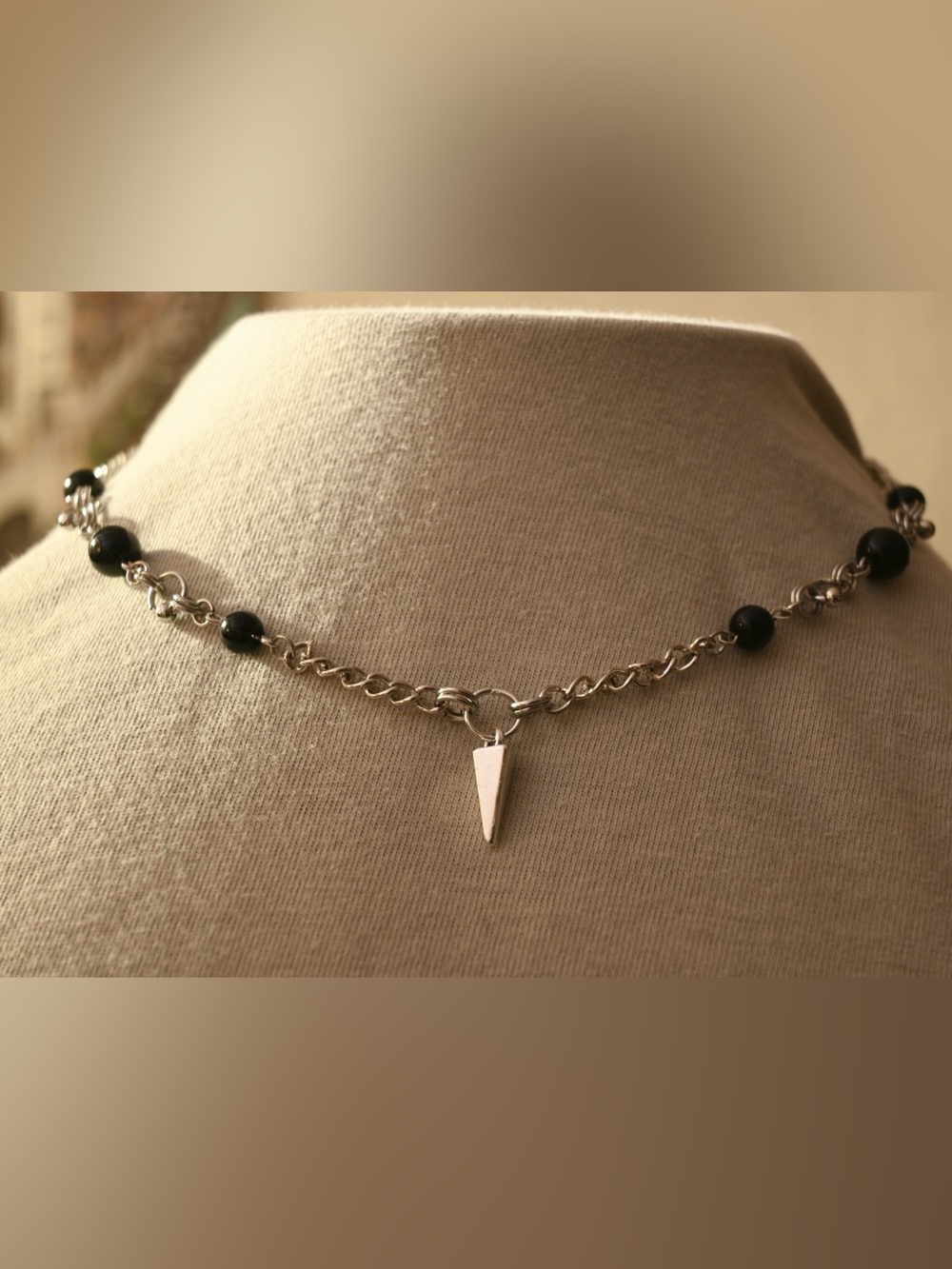 Goth Silver Spike Pendant Necklace and Black Bead Accents